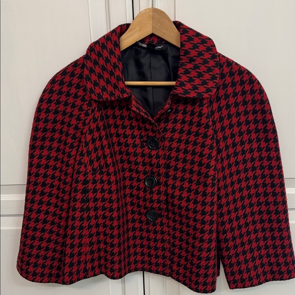 Houndstooth cropped jacket,mod blazer, red and black vintage-inspired,structured